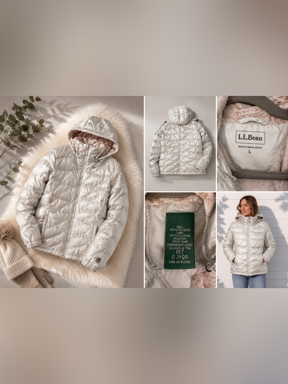L.L.Bean Goose Down Puffer Jacket Silver Pearl Hooded Fleece Lined L